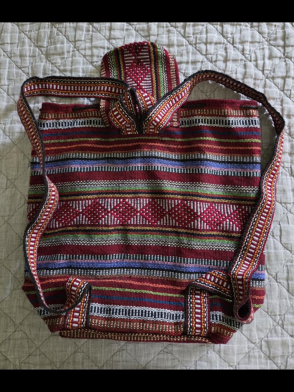 Handwoven Red Multicolor Drawstring Backpack, Made In MEXICO - Picture 4 of 10